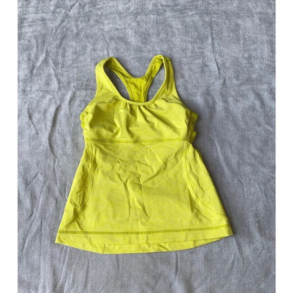 Lululemon Lime Green Striped Racerback Tank Top with Built-in‎ Bra Cutout Back